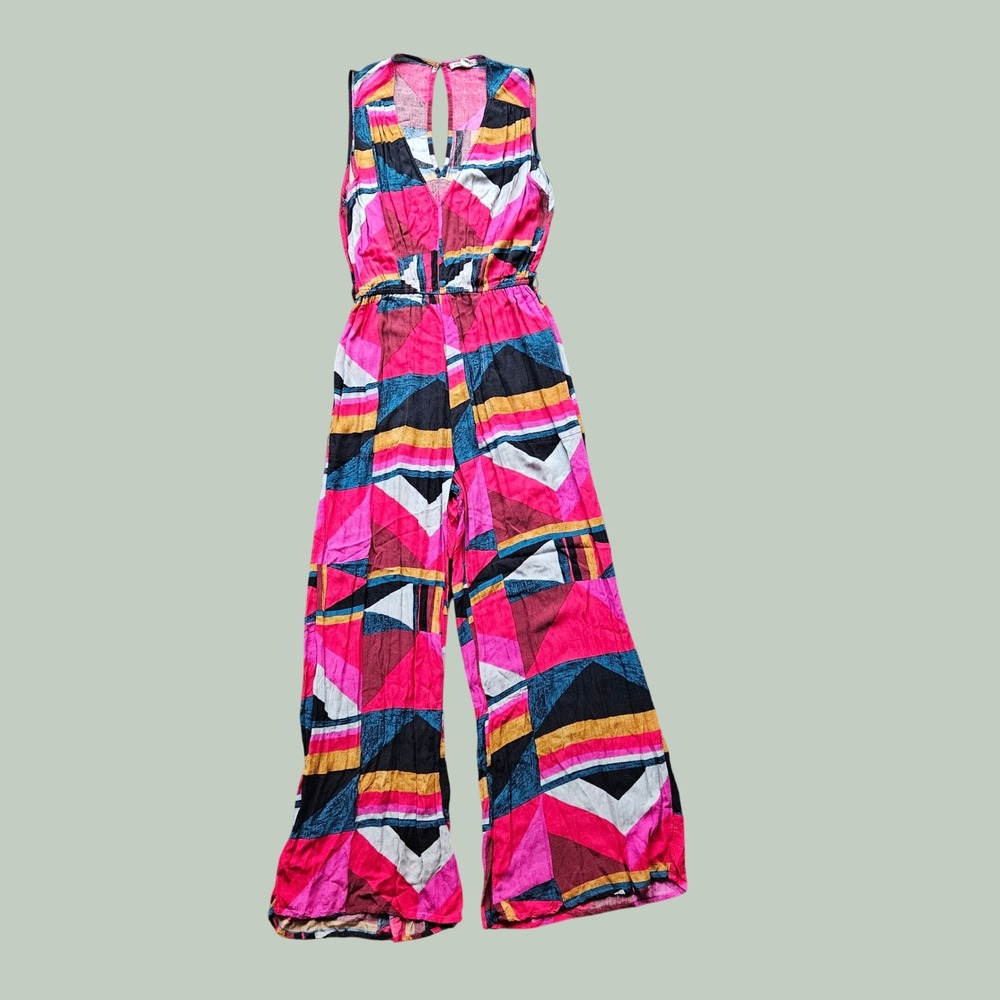 Billabong Womens Pink Geometric Abstract Wide Leg Rayon Jumpsuit Size Large